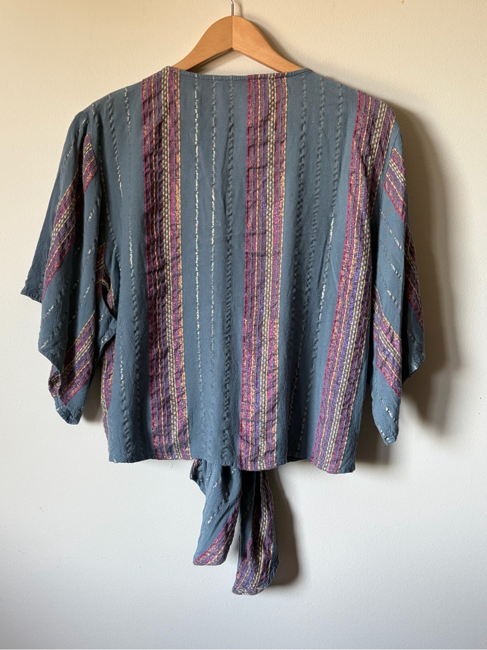 Lovestitch Blue Metallic Stripe Front-Tie Blouse - size Large - boho woven top - Picture 5 of 15
